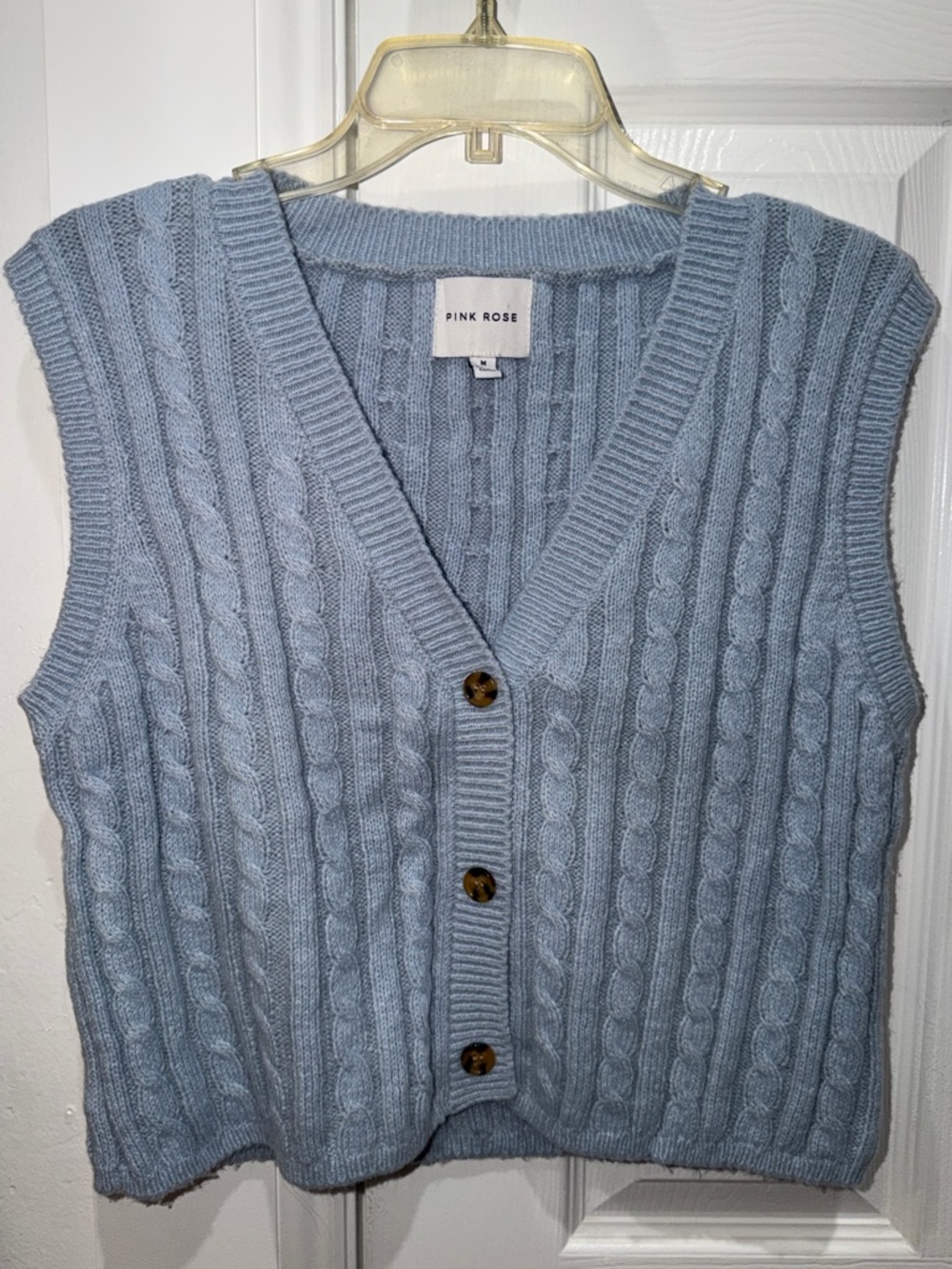 Pink Rose Light Blue Cable Knit Buttoned Sweater Vest